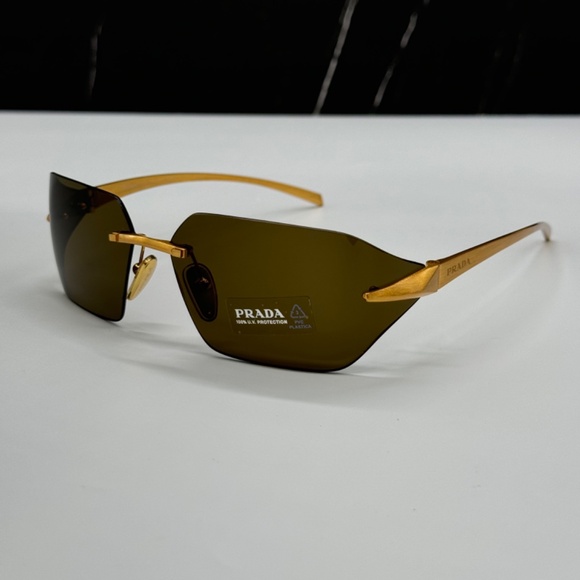 NEW PR A55S 15N01T PRADA GOLD GREEN RIMLESS SPR A55 15N01T WOMEN SUNGLASSES - Picture 4 of 13